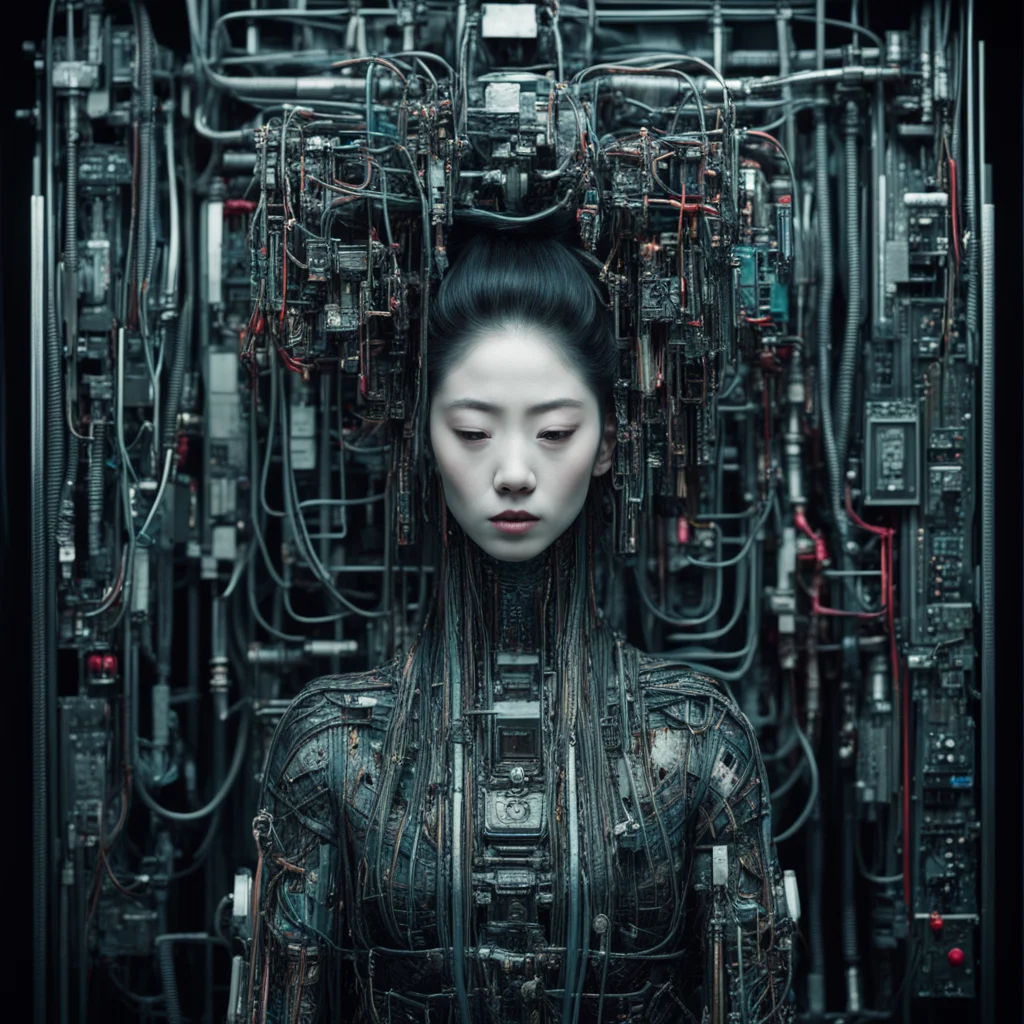 wide shot of intricate beautiful cyber geisha with lots of cables and circuit boards in a liminal space detailed dark mysterious in the style of floria sigismon