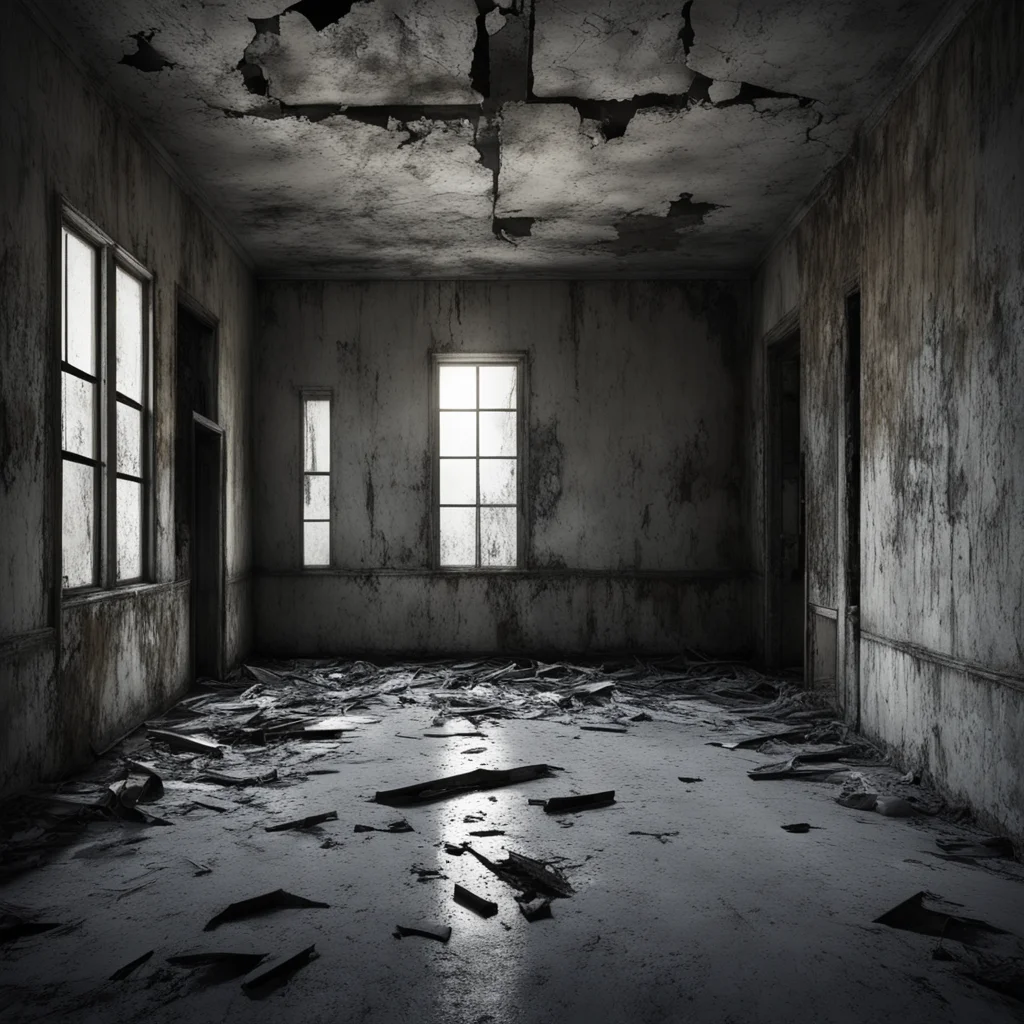 wide view of large empty dark abandoned asylum room c4d render decaying plaster torn only moonlight through broken trans
