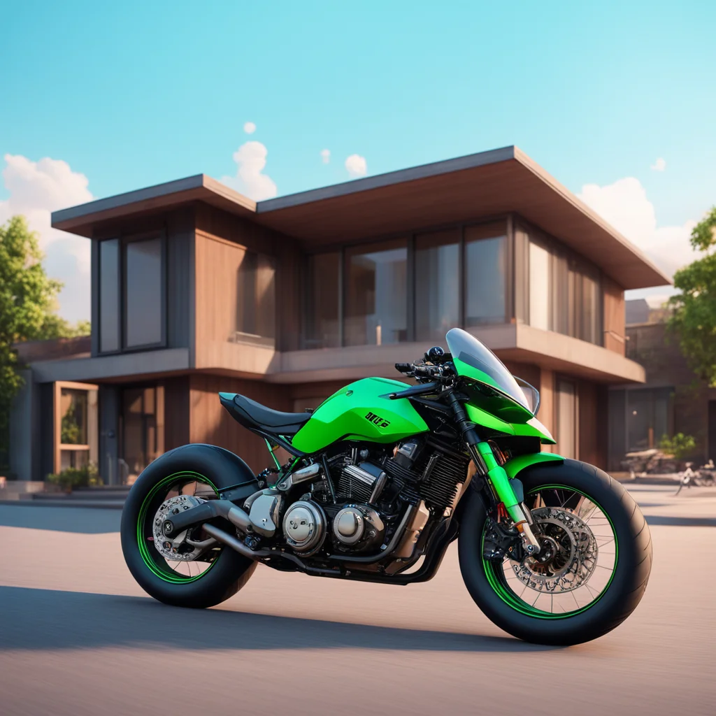 wide viewgigantic realistic motorcycle shape house and Kawasaki motorcycle animation cityhuge sophisticated beautiful co
