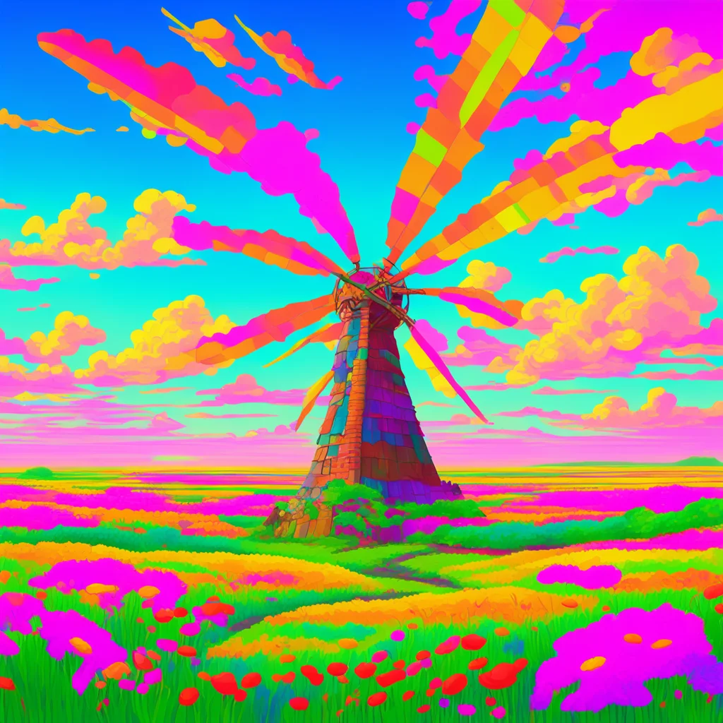 windmill dragon in Spanish field1 vector art03 digital flat Miyazaki Monet hd 8k03 D&D04 rule of thirds symmetrical pale