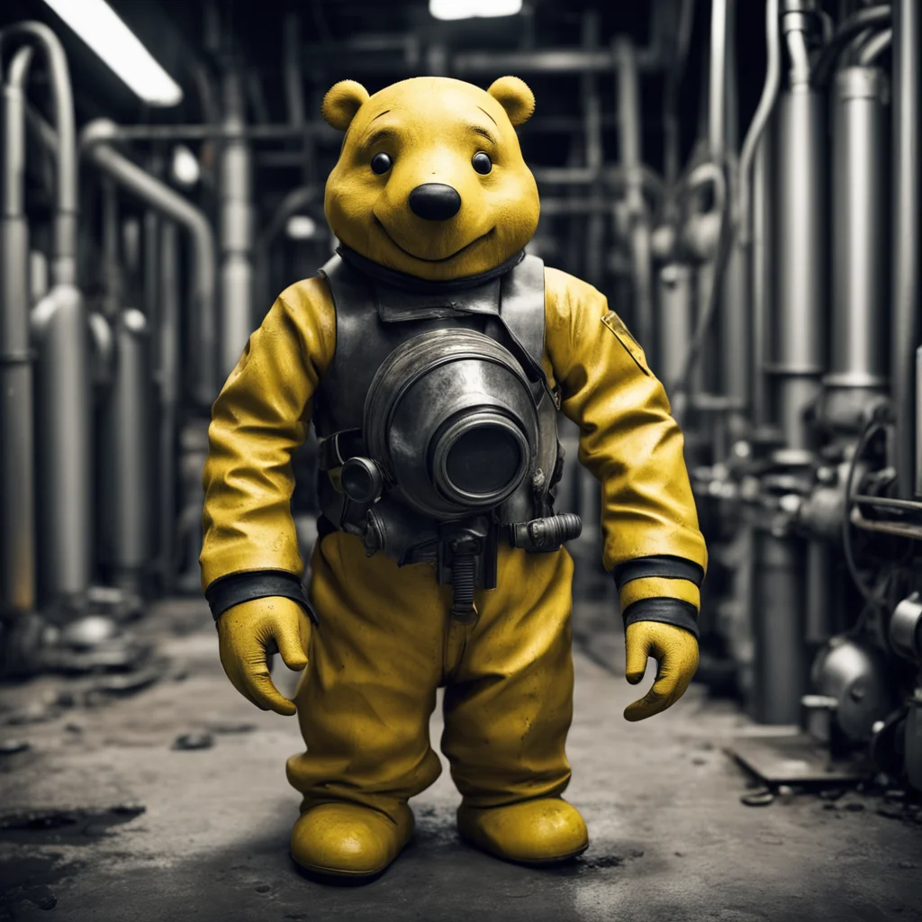 winnie the Pooh in a 1930s German biohazard suit with twin canister gas mask dirtystained wrinkles plastic wet in a indu