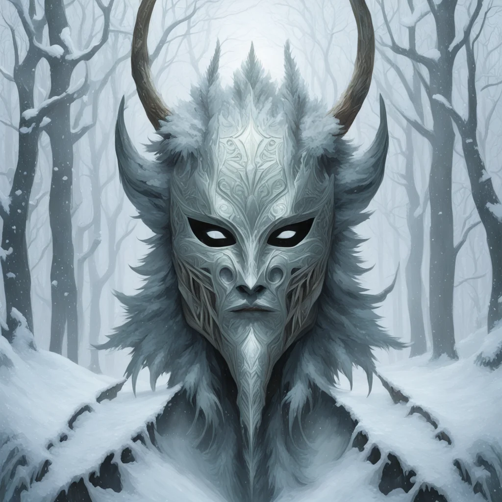 winter forest guardian wearing a fully reflective masquerade mask that covers his eyes symmetrical beautiful illustratio