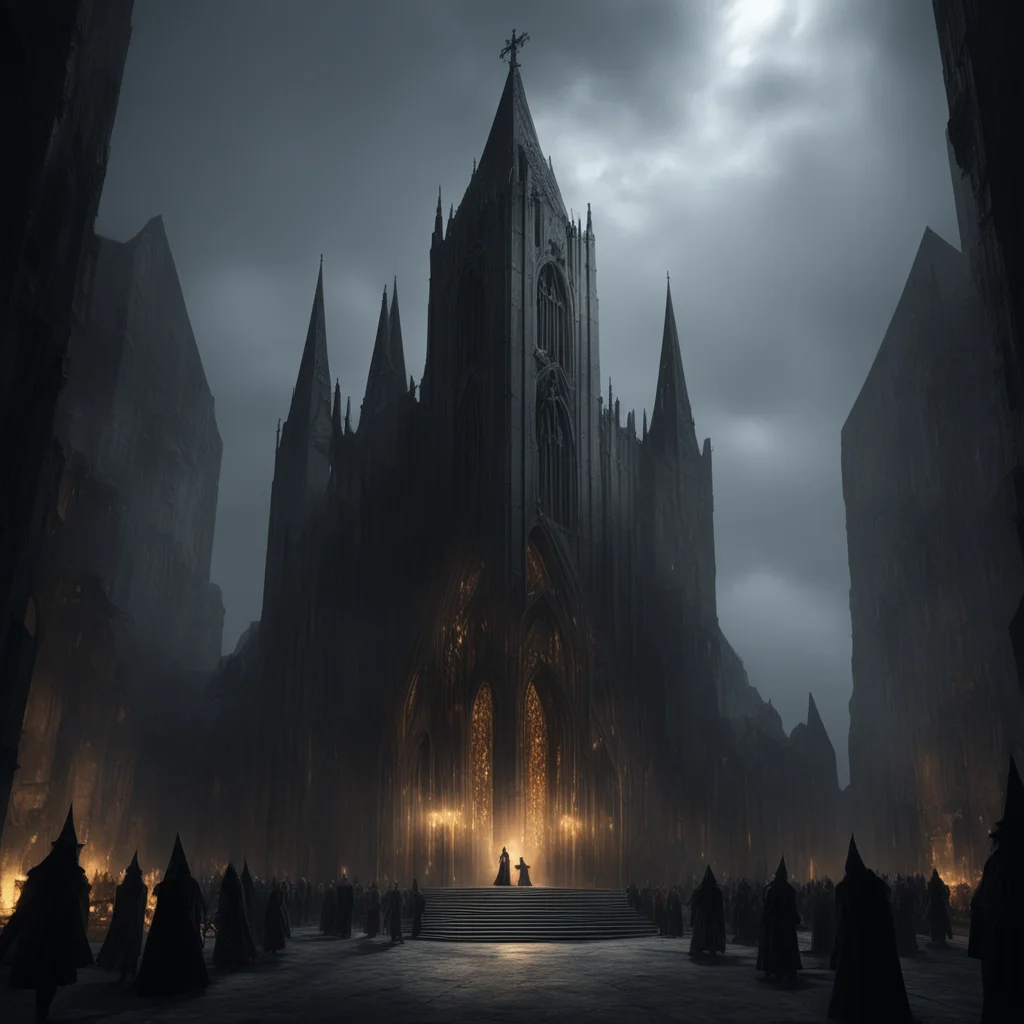 witch witches dark souls brutalist church glowing sleek shiny smooth ethereal nightmare crowds of people ar 169