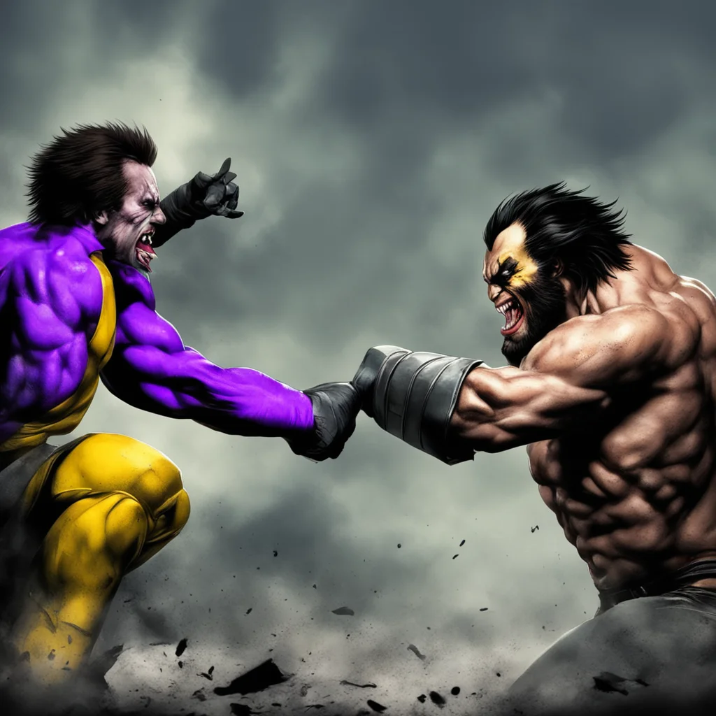 wolverine is fighting the joker in a life or death battle trying to get joker with his claws superhero