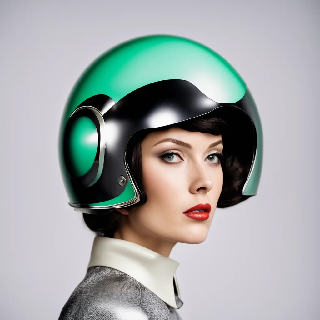 woman in 60s retro futurism fasion helmet studio photography fasion photography head shot aspect 57