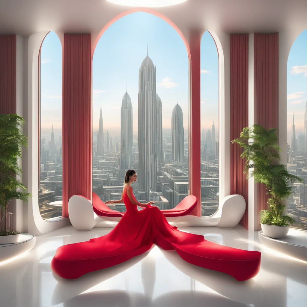 woman in a red dress sitting on a white chaise lounge in front of a large window in an elegent futuristic apartment even