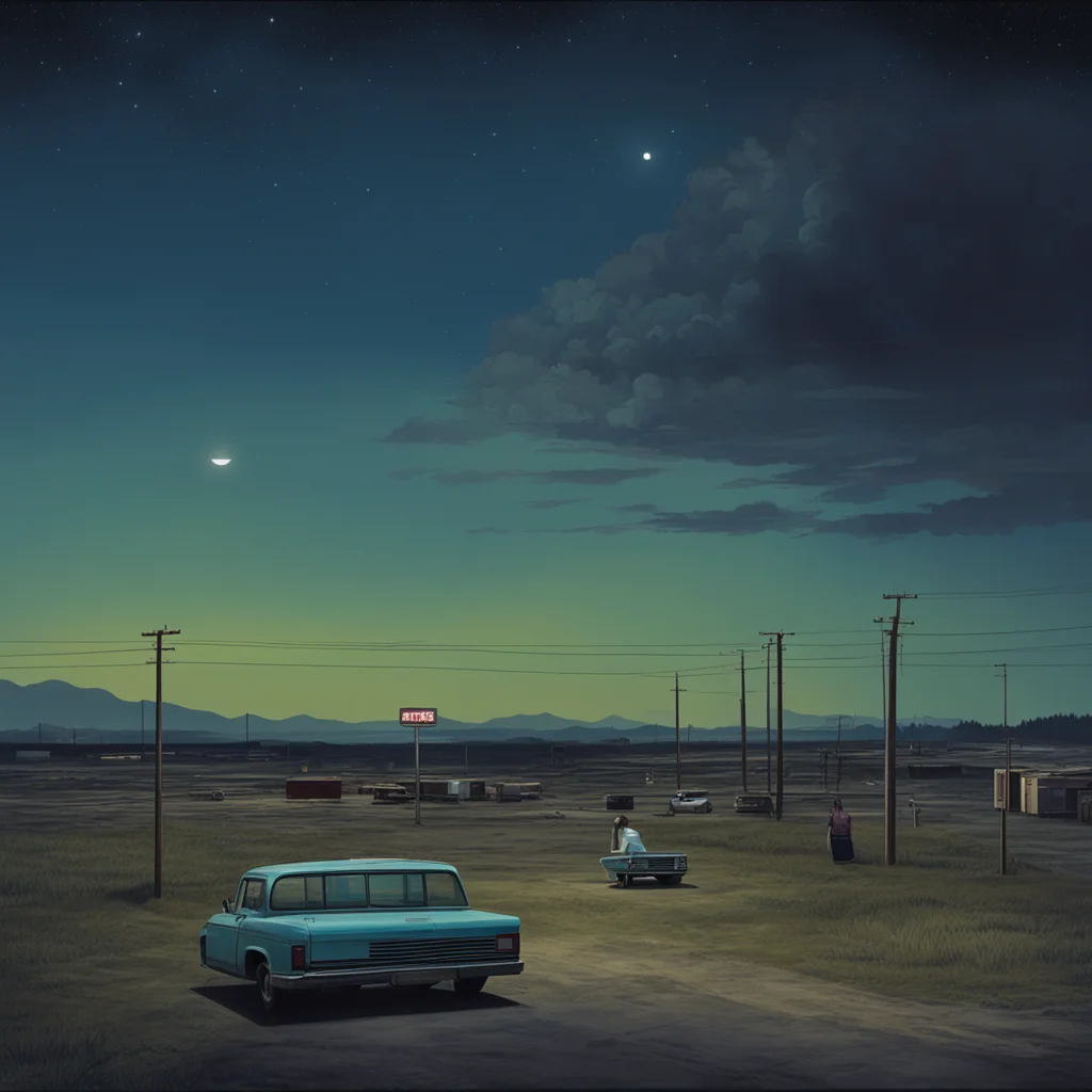 woman standing at a truck stop looking up at a lost city in the sky night time in the style of Gregory crewdson