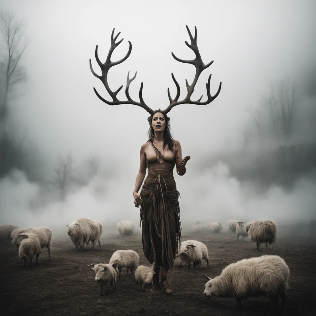 woman wearing antlers performing a tribal ritual – sacrificing sheep to gods grunge fog sensory lustful wide angle shot 
