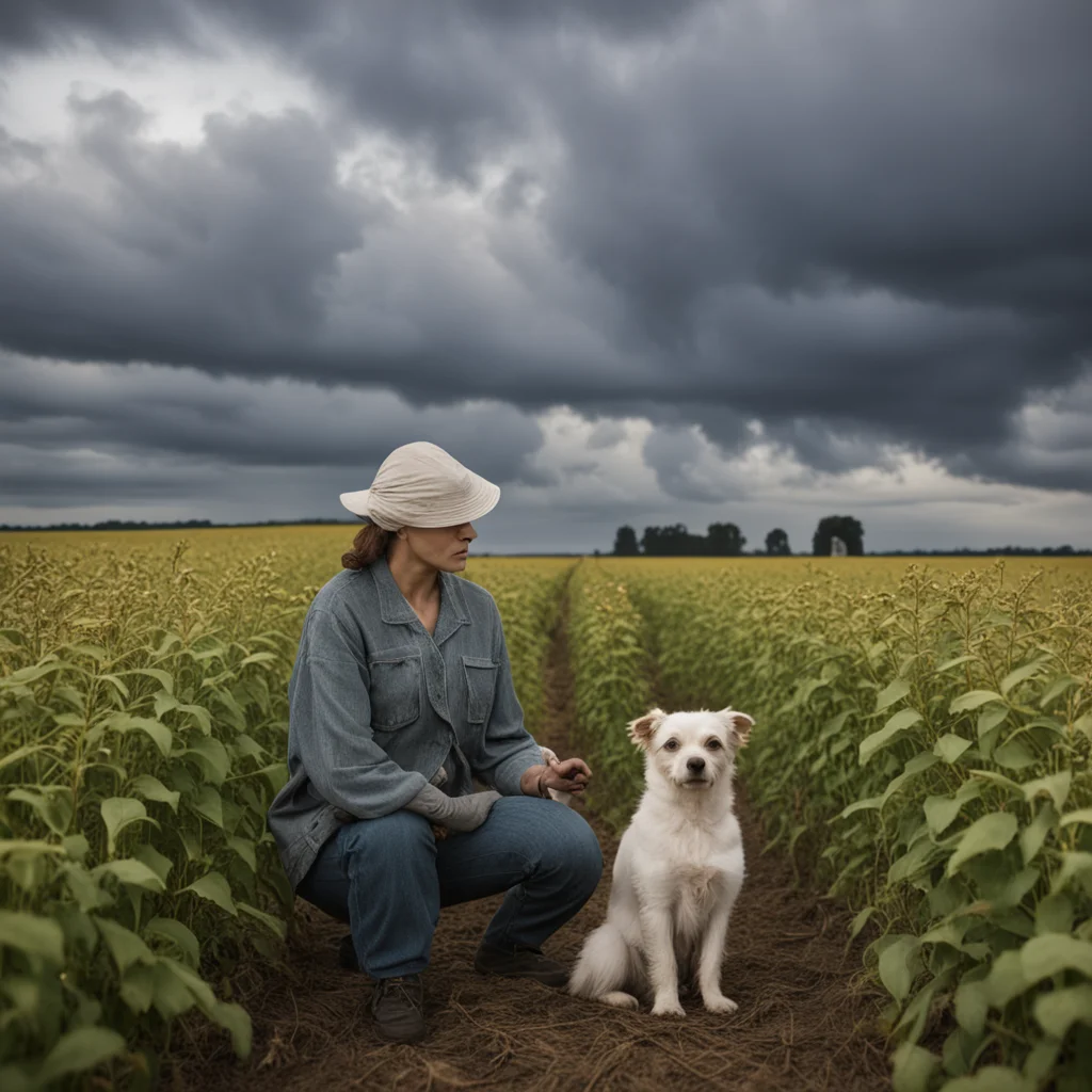 woman with bonnet and small dog in soybean field tractor in background moody contemporary film poster stormy sky —ar 149
