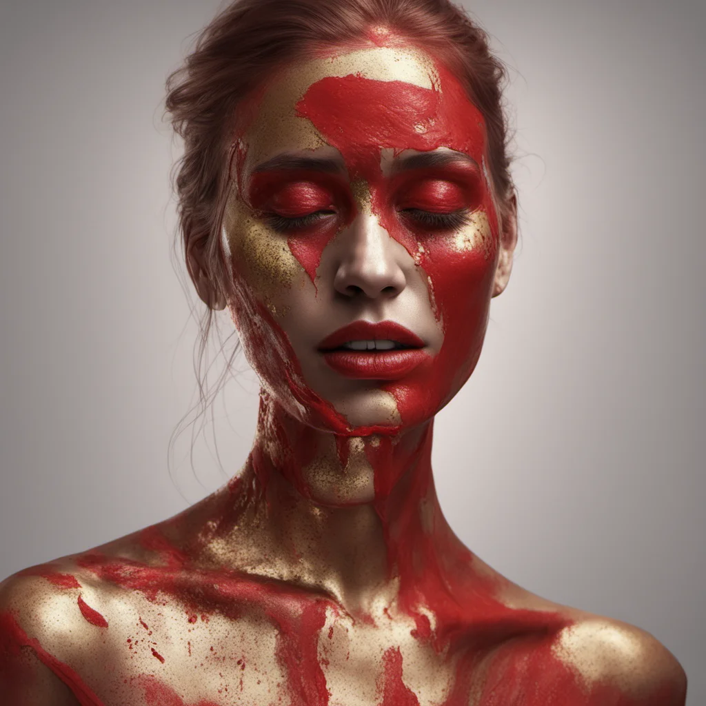 woman with red paint all over face hyperrealistic gold blindfold over eyes trending on artstation 8k