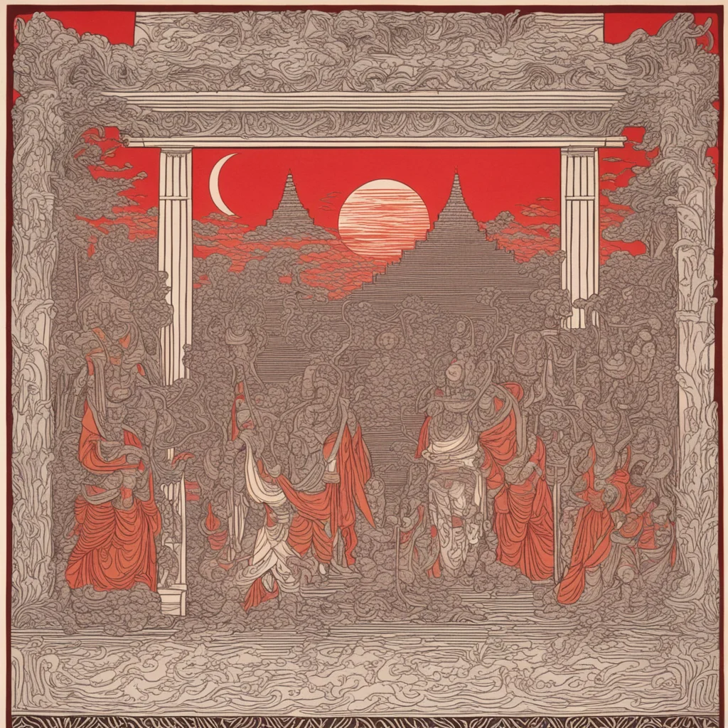 woodblock print of six guardians at the gate of a temple  red brown orange  linocut uplight seed 3000