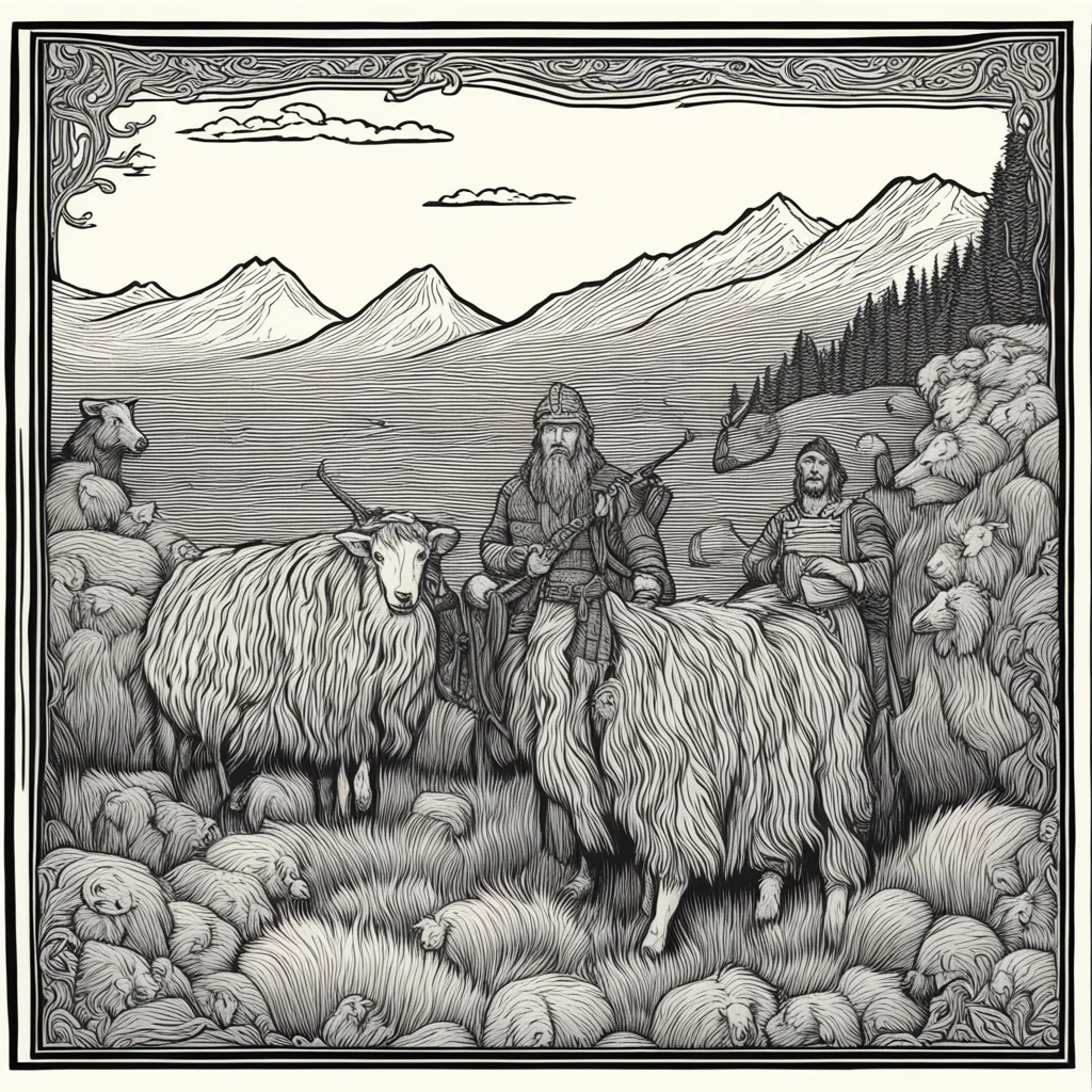 woodcut border Viking settlers shepherd with sheep w 1024 h 128