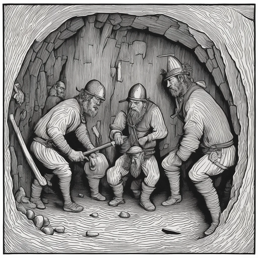 woodcut border viking miners digging in a mineshaft w 1024 h 128