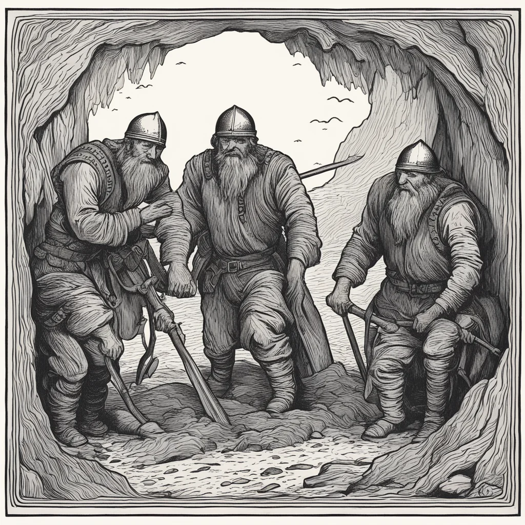 woodcut border viking miners with pickaxes digging in a mine w 1024 h 128