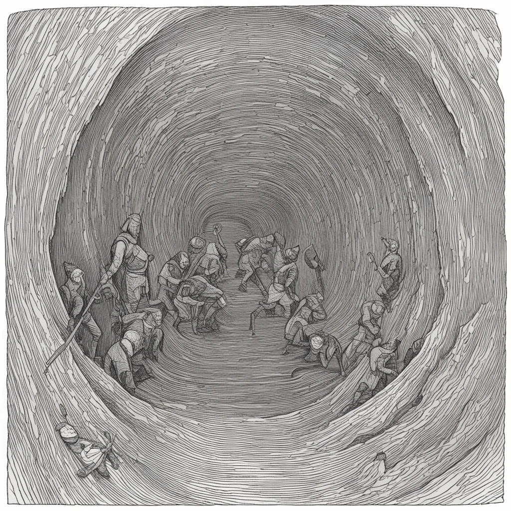 woodcut vikings tunneling downwards mineshaft w 128 h 1192