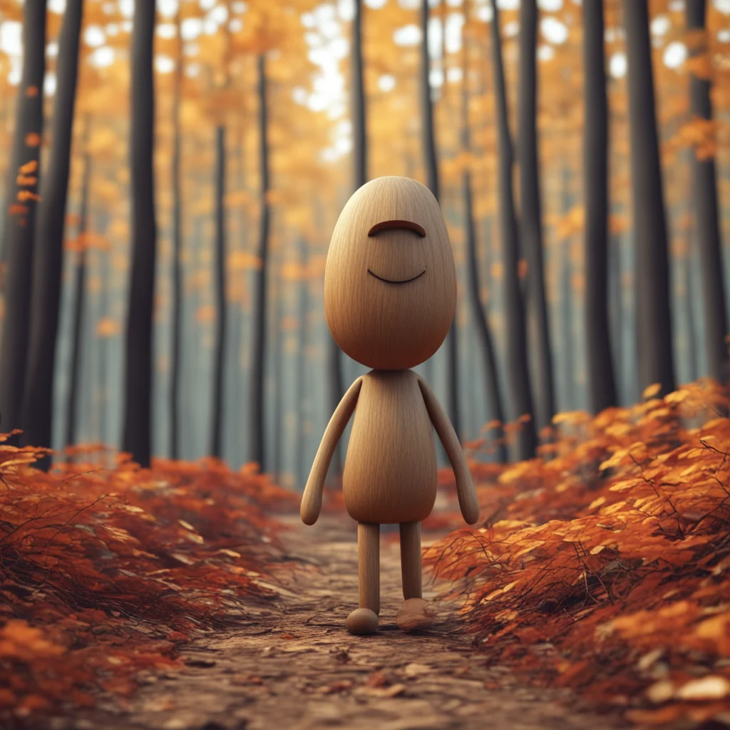 wooden character with a twig as a nose walking through an autumn forest pixar style high quality render 4k