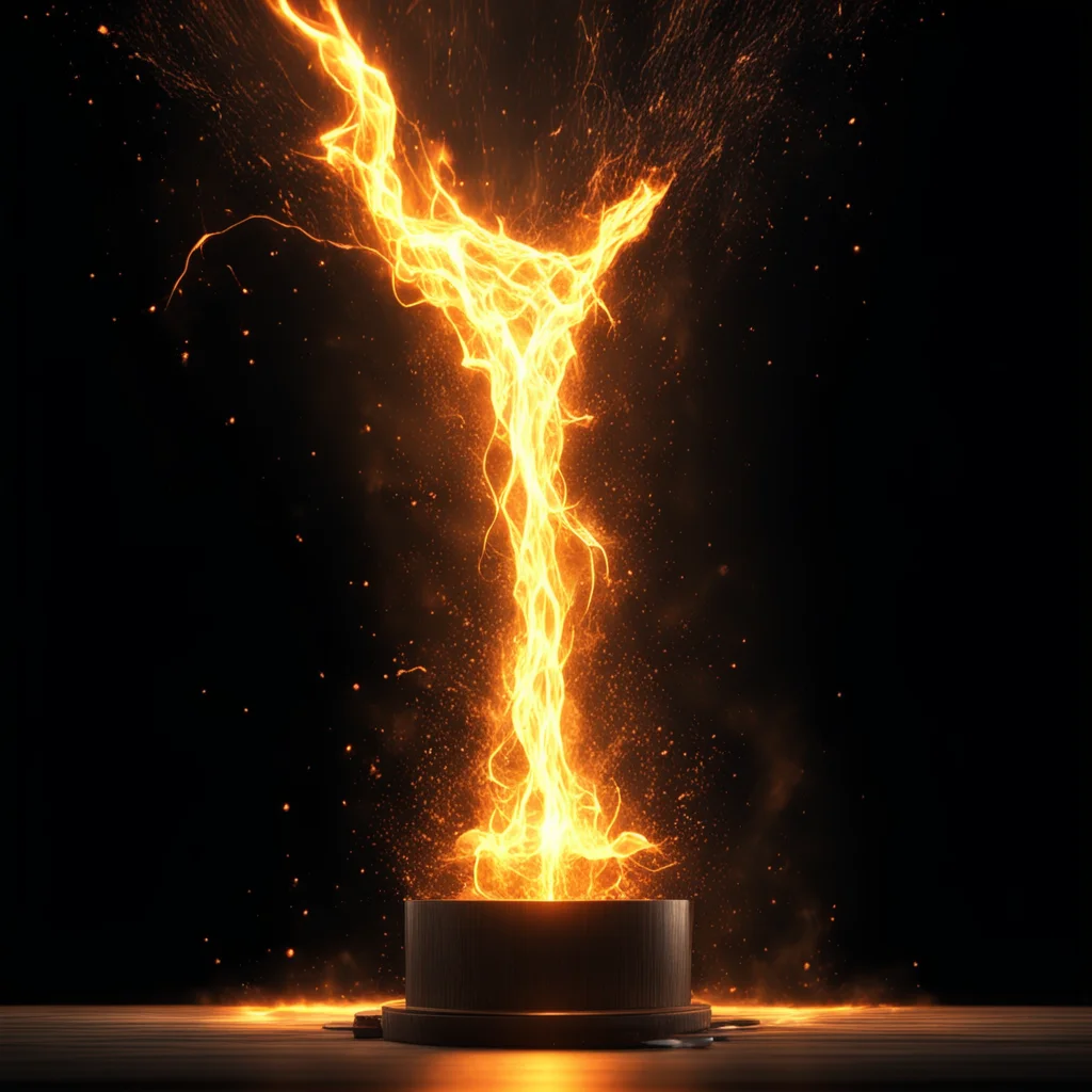 wooden splash of water catching fire cinematic studio lighting with black background 4k octane render Tesla coil skyscra