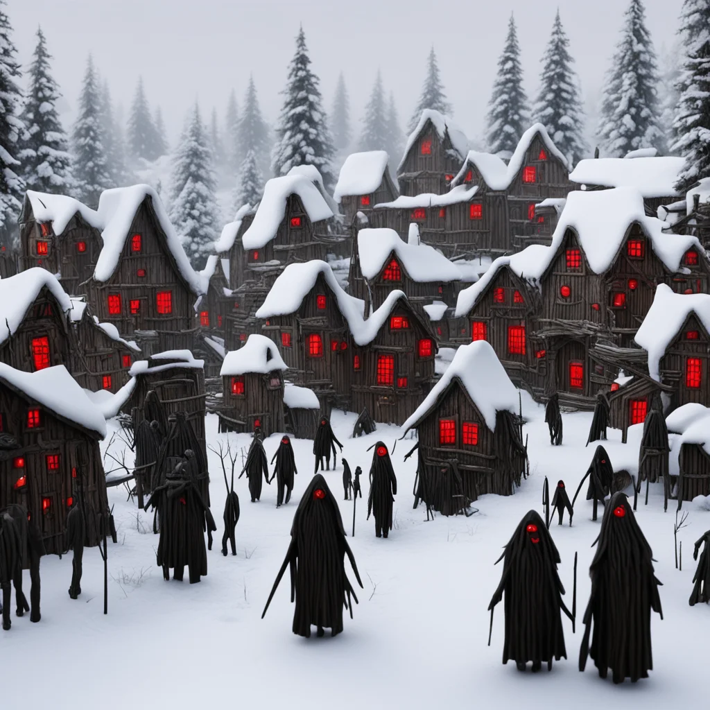 wooden village houses town crowds of shadowpeople red eyes winter stickmen dread fear horror ar 169