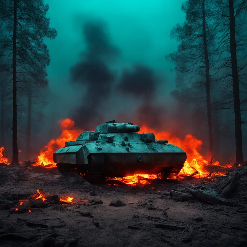 world war 2 tank in a burnt forest at night fire in the background moonlit sandbags highly detailed foggy photorealism n