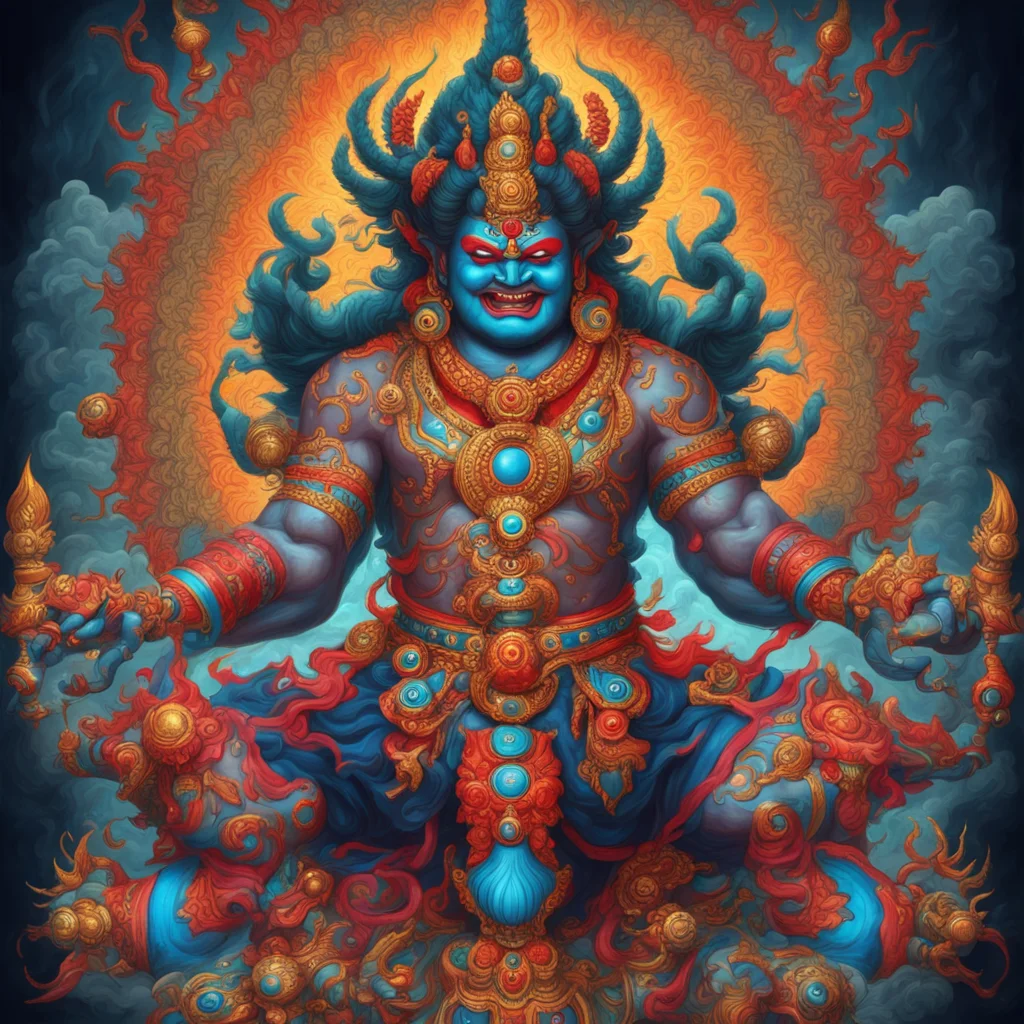 wrathful Vajrabhairava with many arms and legs in highly detailed digital painting