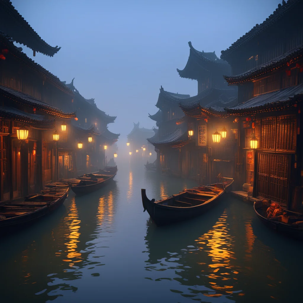 xitang china small boats on a canal in xitang china night time scene atmospheric fog light scattering 3d render octane r