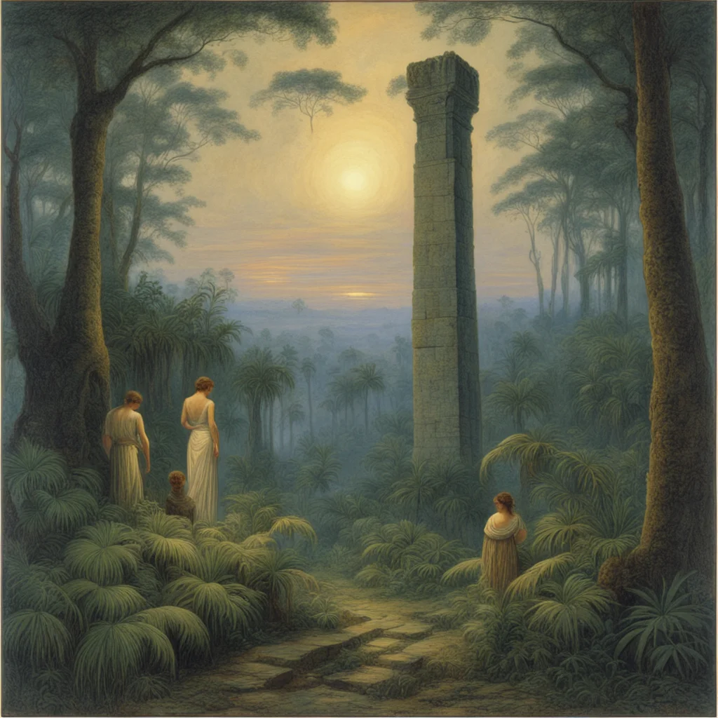 yearning at the ancient ruins of the temple in the jungle at dusk by Edward Robert Hughes and Caspar David Friedrich