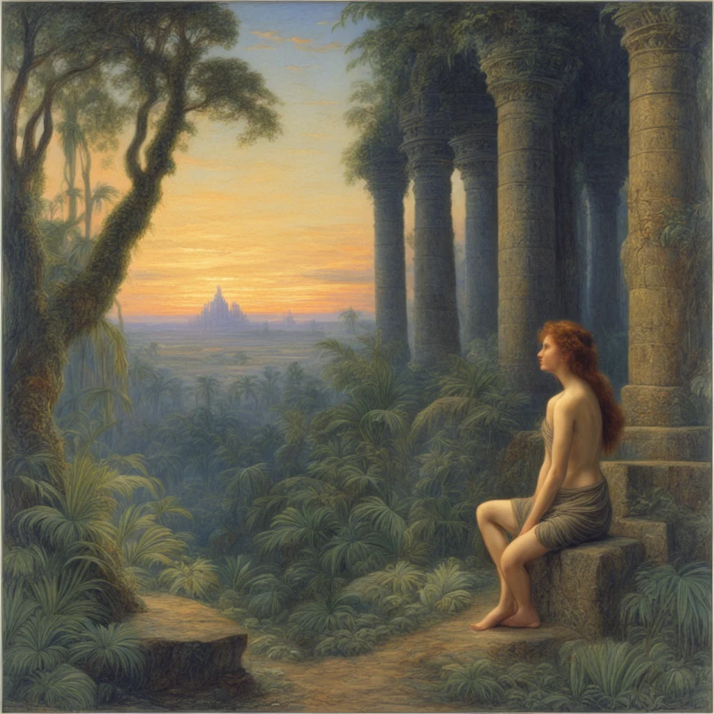 yearning at the ancient ruins of the temple in the jungle at dusk by Edward Robert Hughes