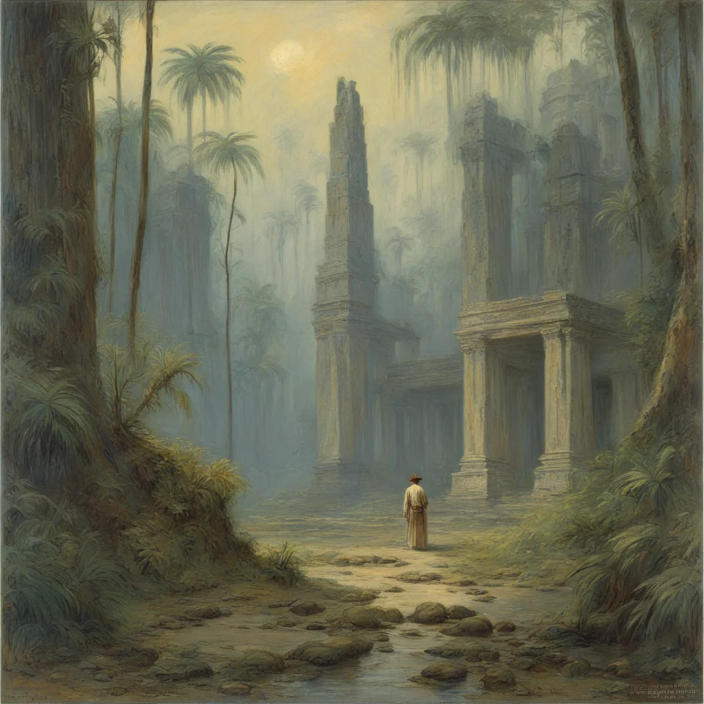 yearning at the ruins of the temple after the disaster in the jungle in the morning by Edward Robert Hughes and L Birge 