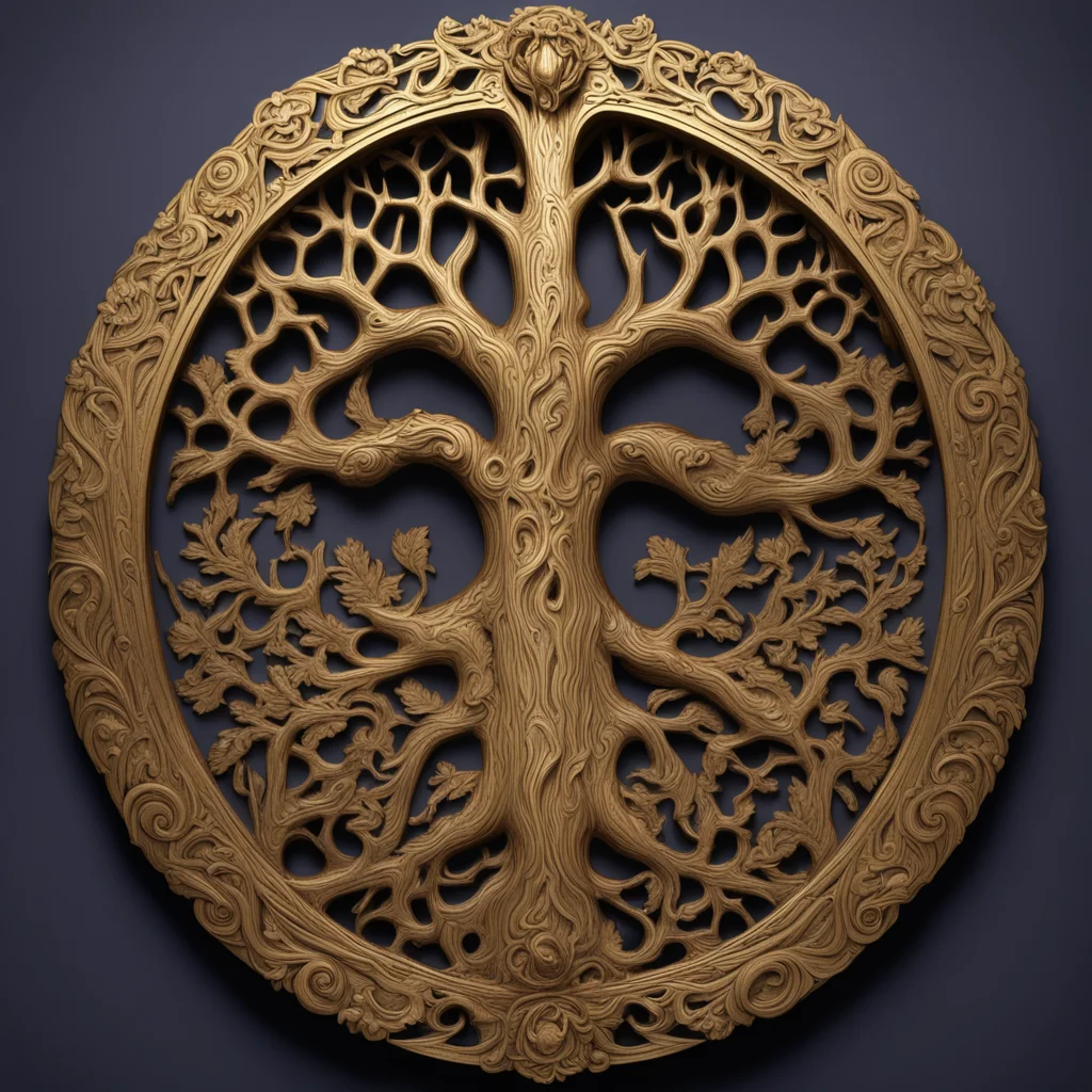 yggdrasil dark carved wood gold leaf intricate norse Urnes style extreme detail hyper realistic octane render aspect 14