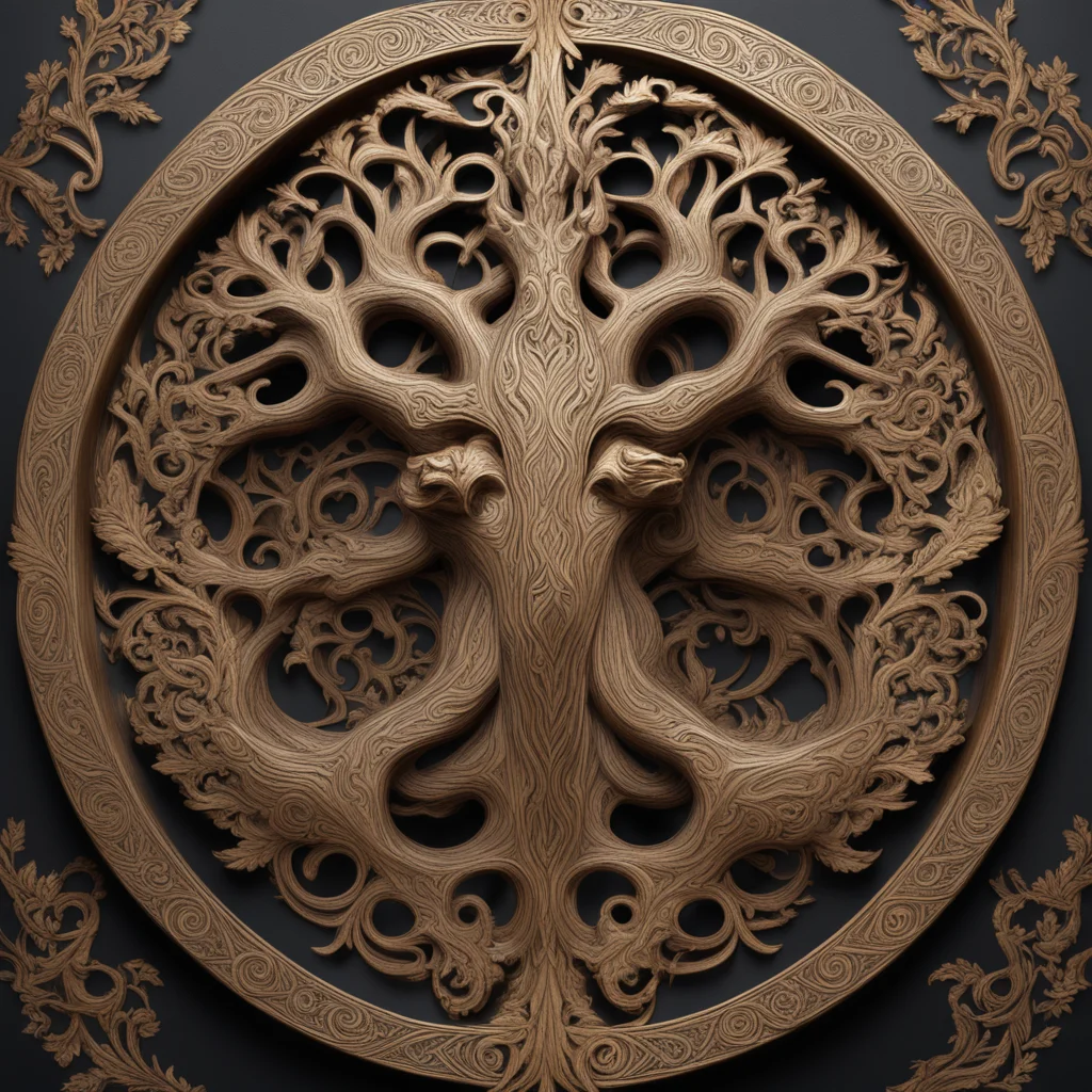 yggdrasil design dark carved wood gold leaf intricate norse Urnes style extreme detail focused unreal engine aspect 14