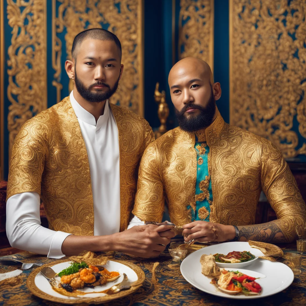 young asian man clean shaven with cool hair and bald Indian guy with a beard having dinner highly detailed and intricate