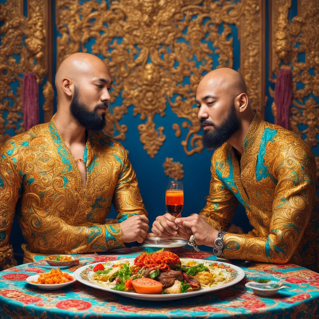 young asian man with cool hair and bald Indian guy with a beard having dinner together highly detailed and intricate gol