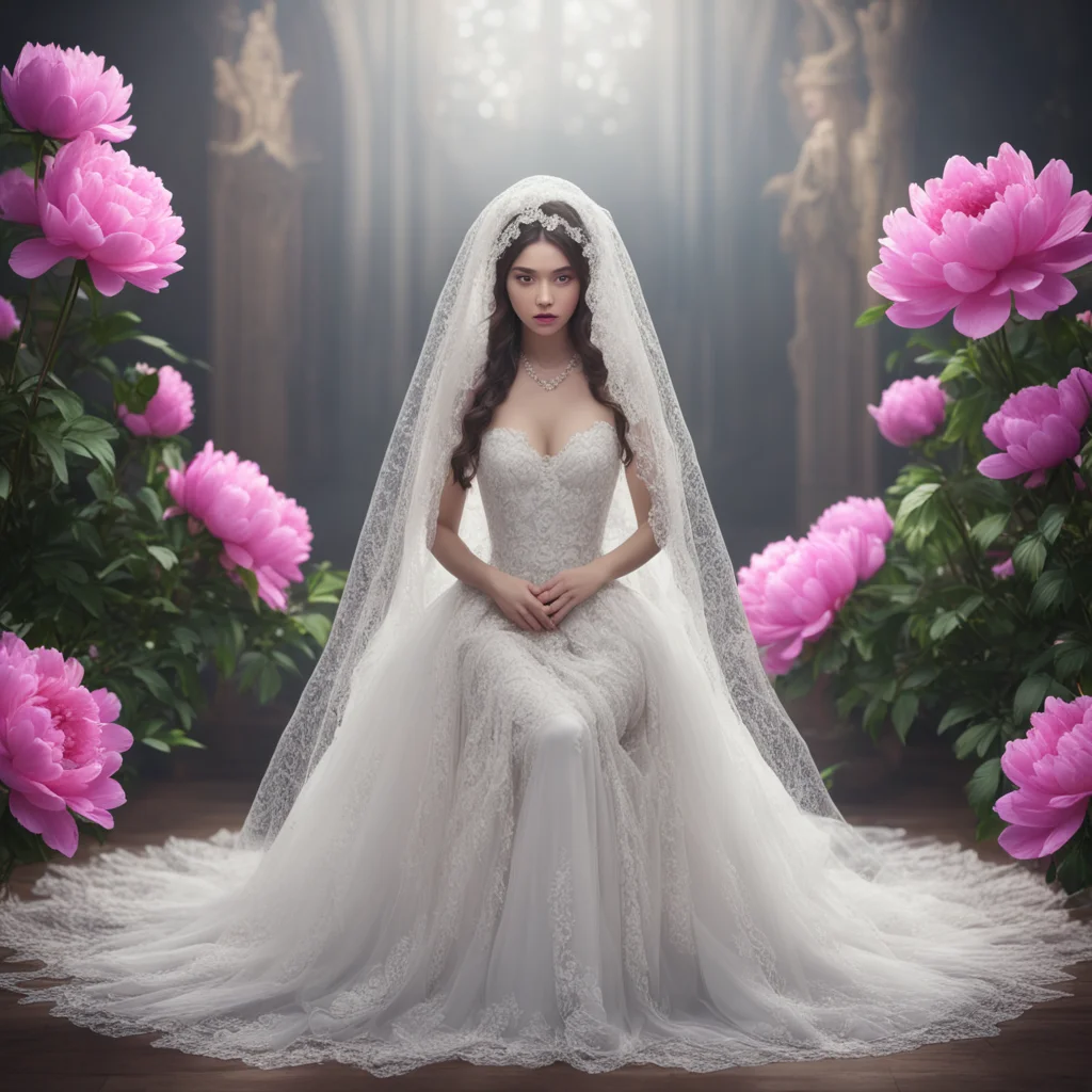 young beautiful woman with a veil covering her whole body kneeling giant effulgent peony flowers all around bridal exqui