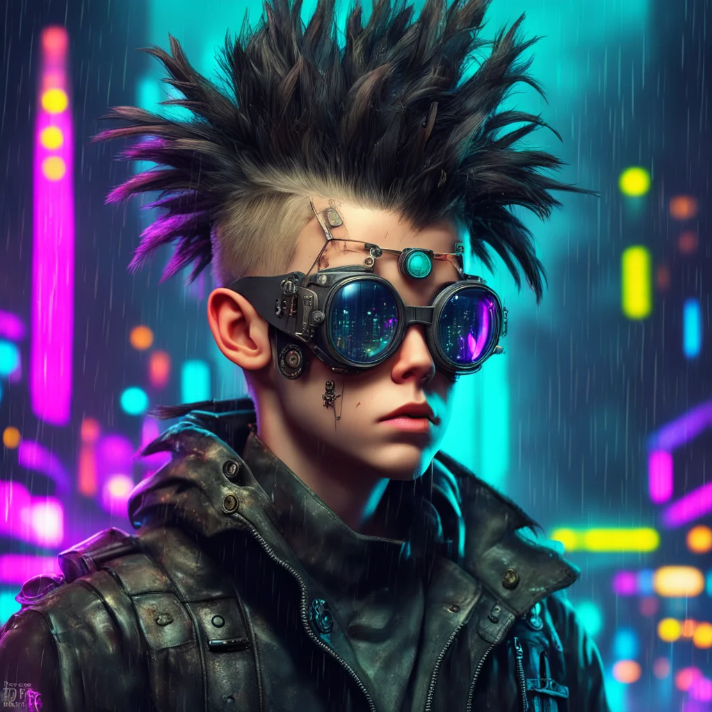young boy with pilot goggles mohawk hair eye implants ultra detailed realistic concept art steampunk bandit rainy night city background neon sense of a