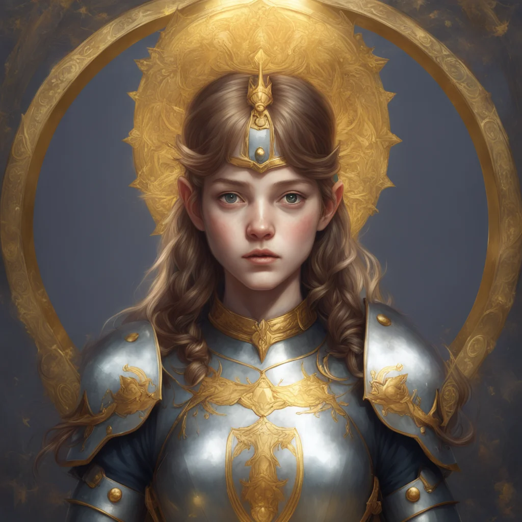 young french girl Joan of Arc with a golden halo wearing armor 4K symmetrical portrait character concept art oilpainting