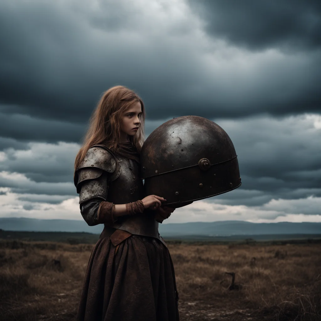 young girl holding the rusty helmet of a dead knight dark clouds wild land cinematic light ar 169