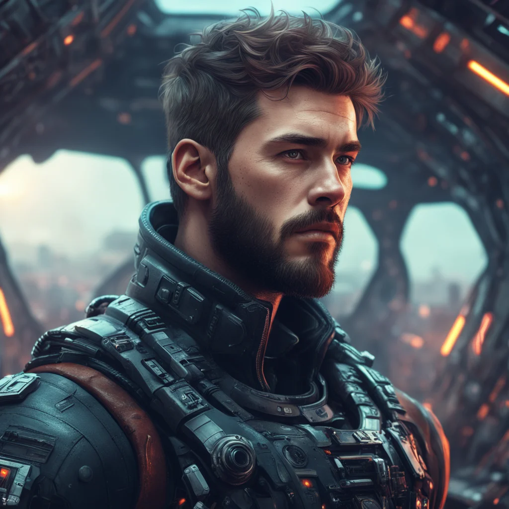 young man handsome face stubble beard ultra detailed realistic concept art spaceship pilot sense of awe and scale in the