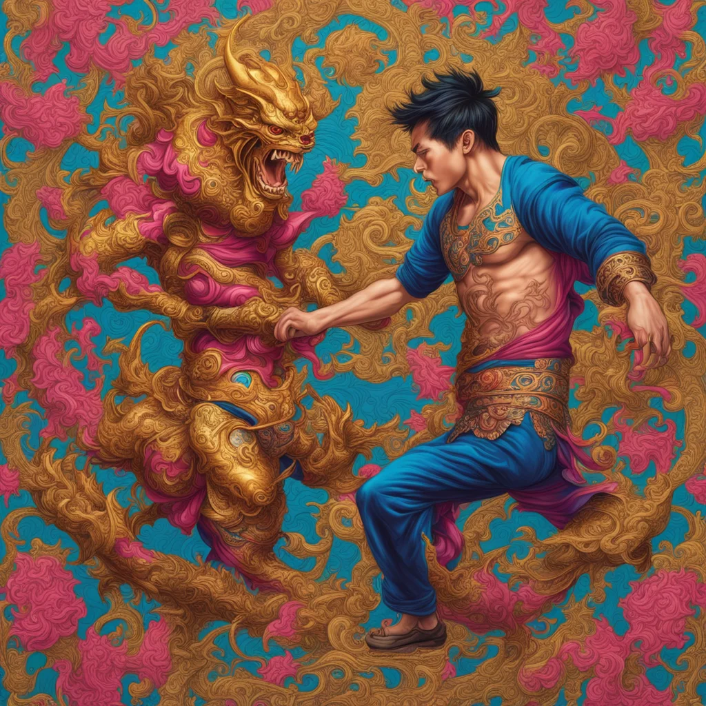 young modern asian man fighting a demon highly detailed and intricate golden ratio very colorful hypermaximalist ornate 