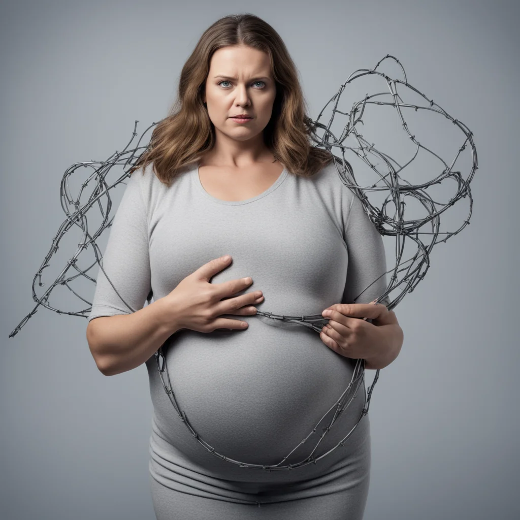 young woman holding pregnant stomach politician holding a bible in the style of an american political campaign barbed wire god is angry 8k maximum detail