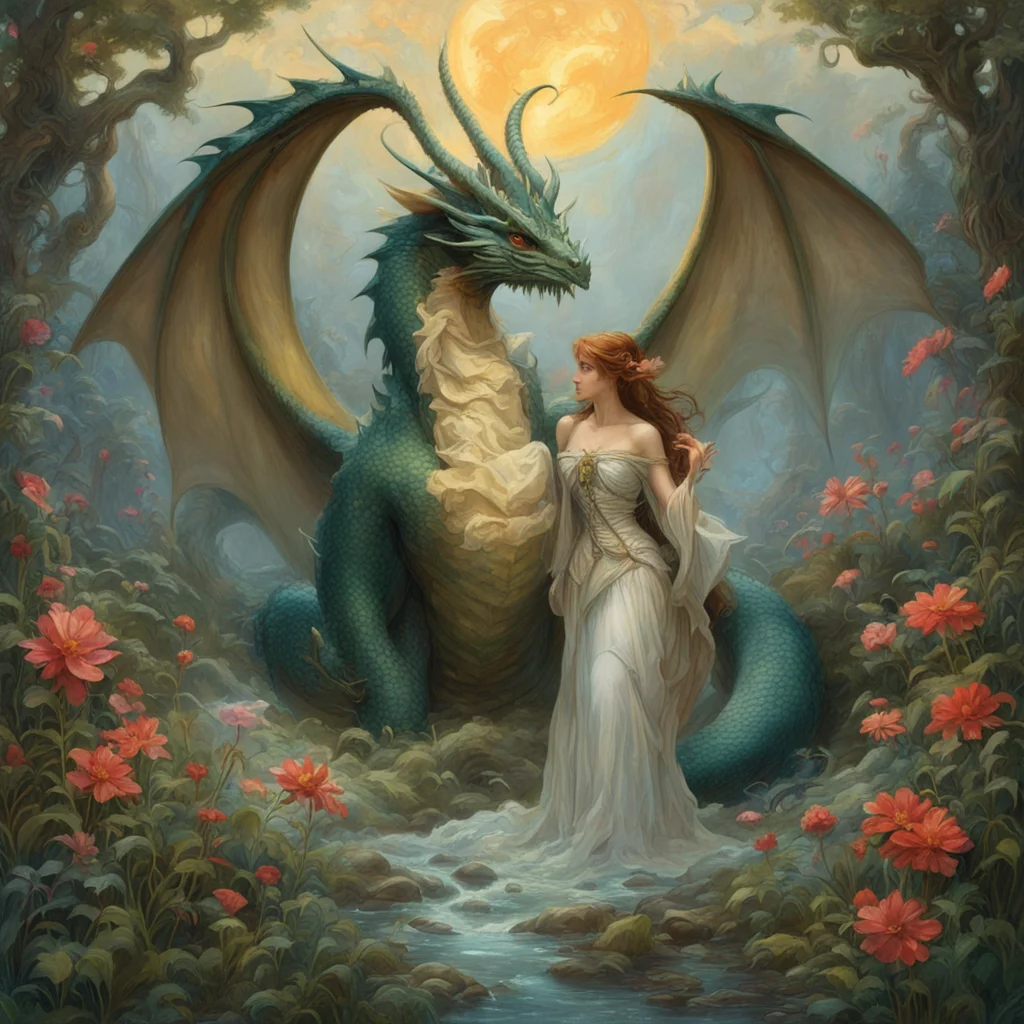 “The dragon and the maiden” meadow misty violent highly detailed intricate divine atmosphere by Magic the Gathering Howa