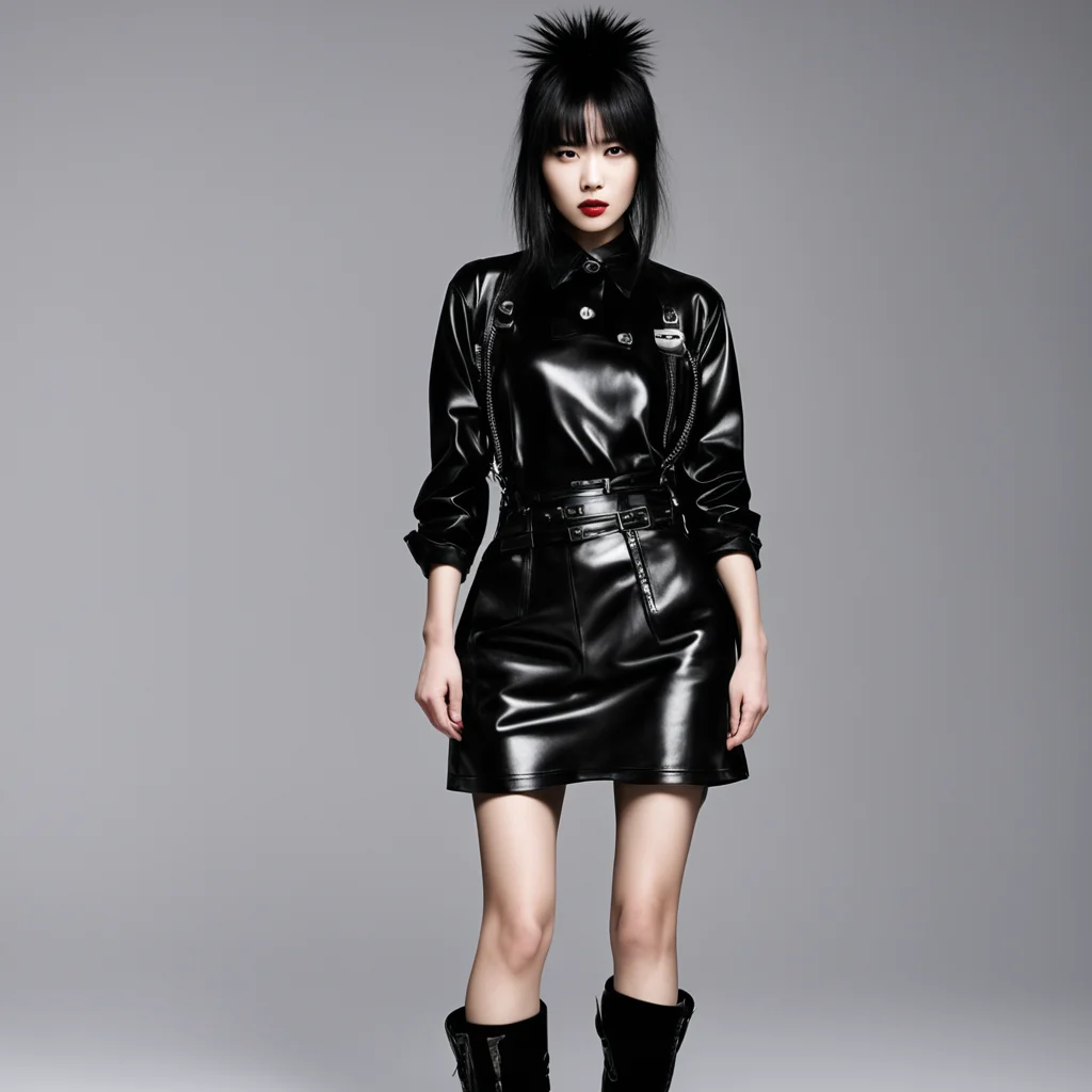 ai1 femme  asiatique punk annees 80  chemise en cuir noir des annees 80  jupe a pression  en cuir des annees 80 amazing awesome portrait 2