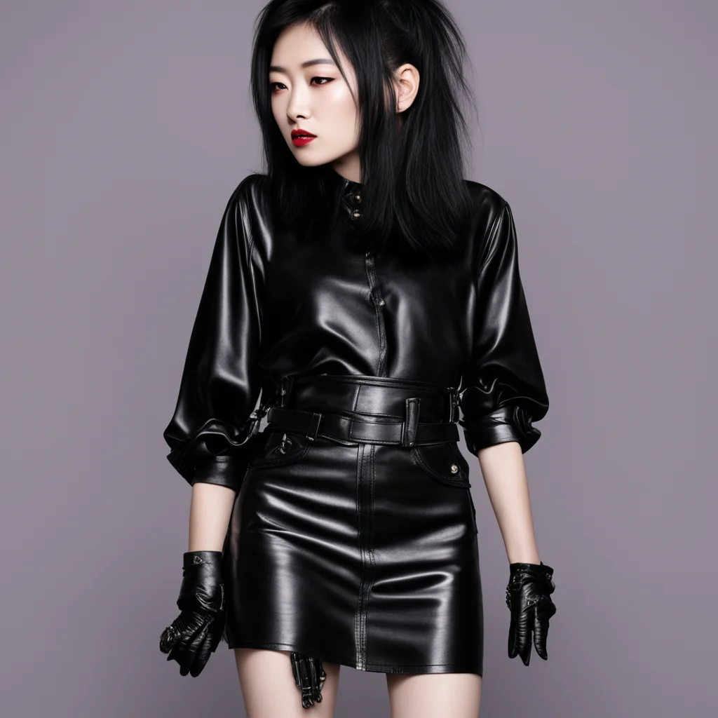 1 femme  asiatique punk annees 80  chemise en cuir noir des annees 80  jupe a pression  en cuir des annees 80