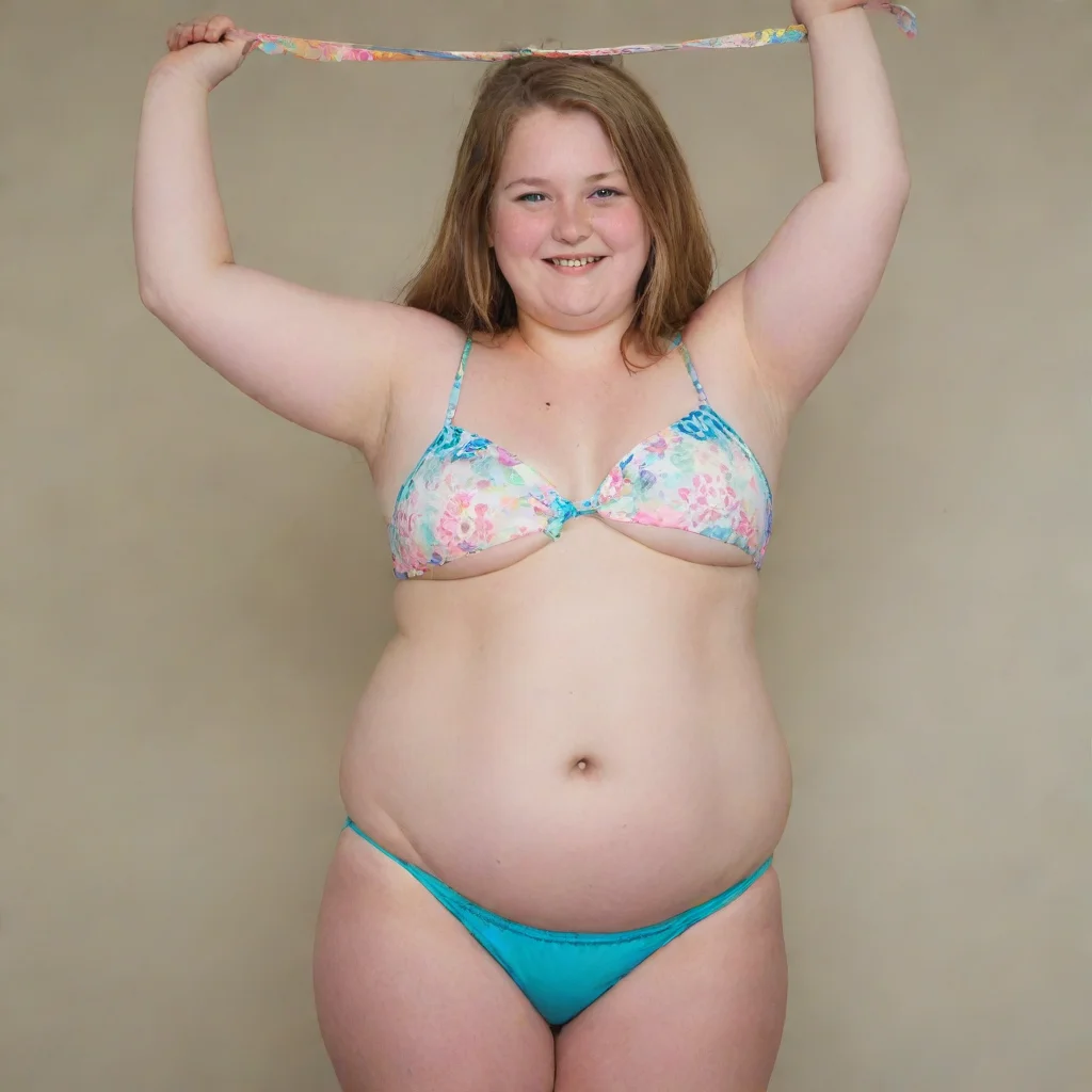 ai14 yo bikini girl%2C overweight%2C hanging belly%2C smile 