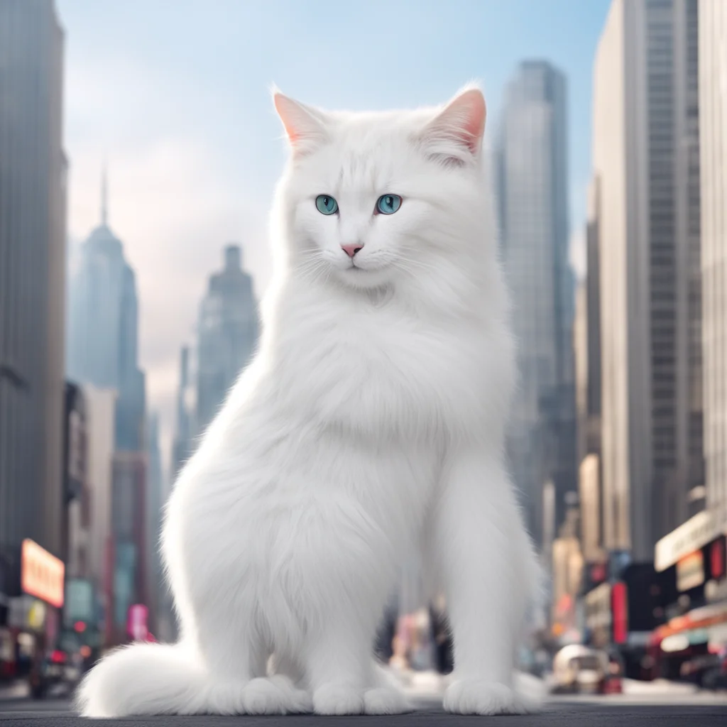 ai170 meter tall white cat anthro holding a human by a city
