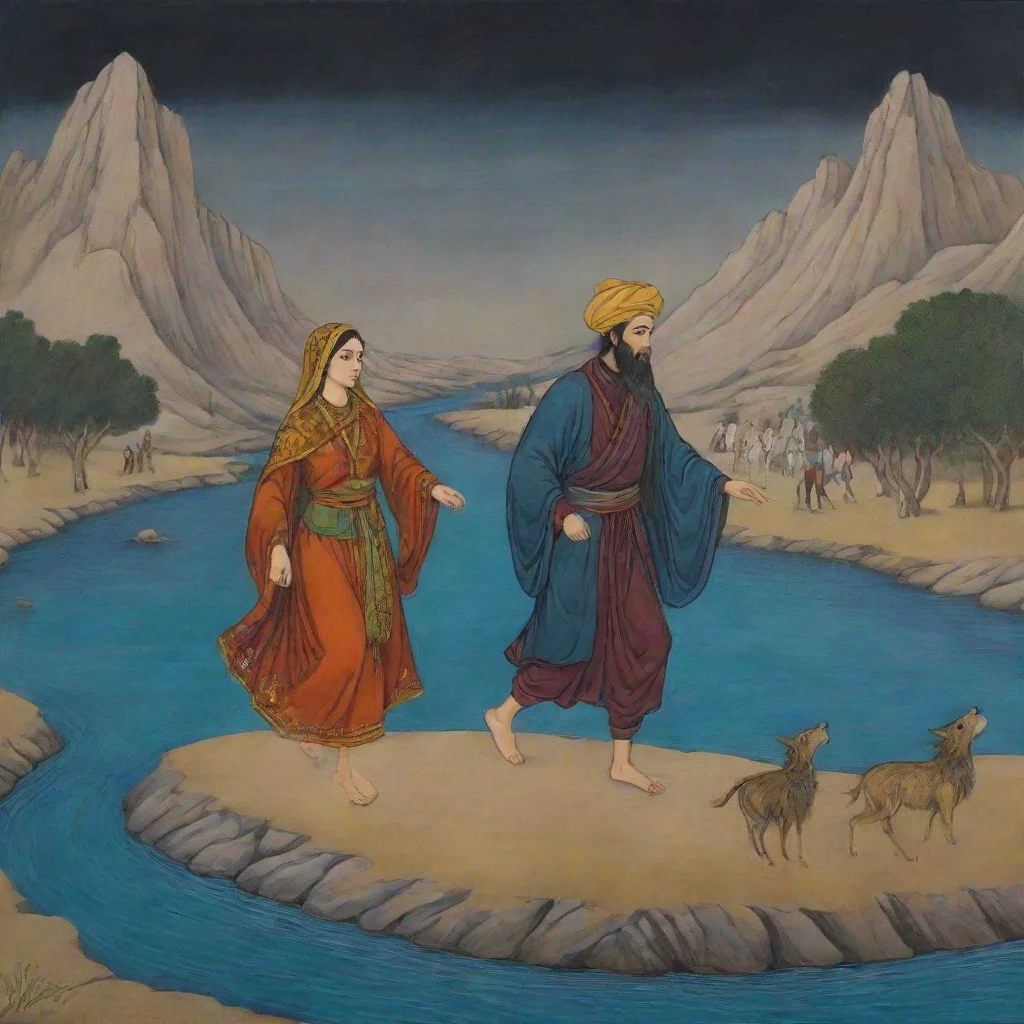 2 young man with one woman crossing from riverwith shahnameh design art dark