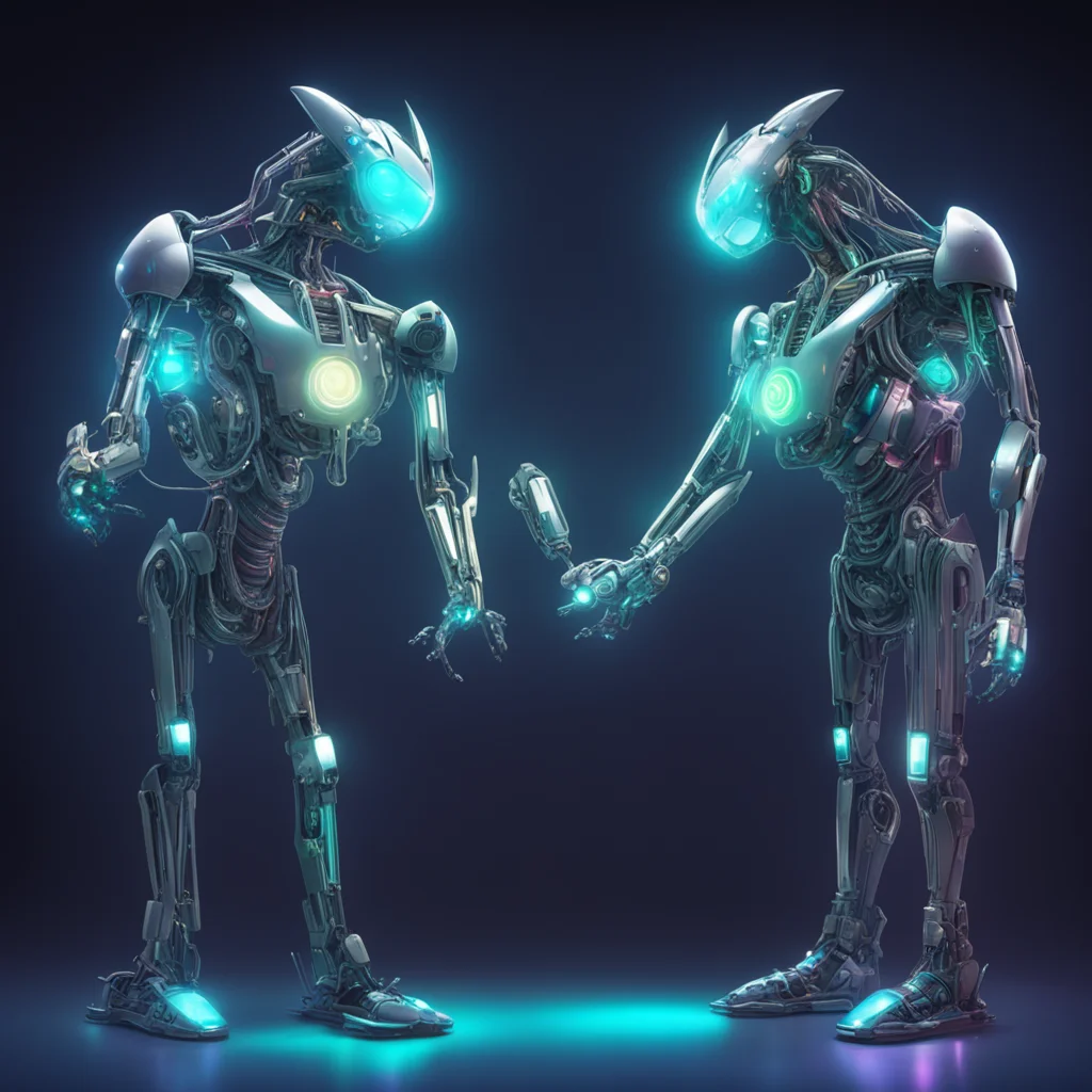 ai3 light monsters one is a machine the other one is electric and one that is a hologram joining hands together amazing awesome portrait 2