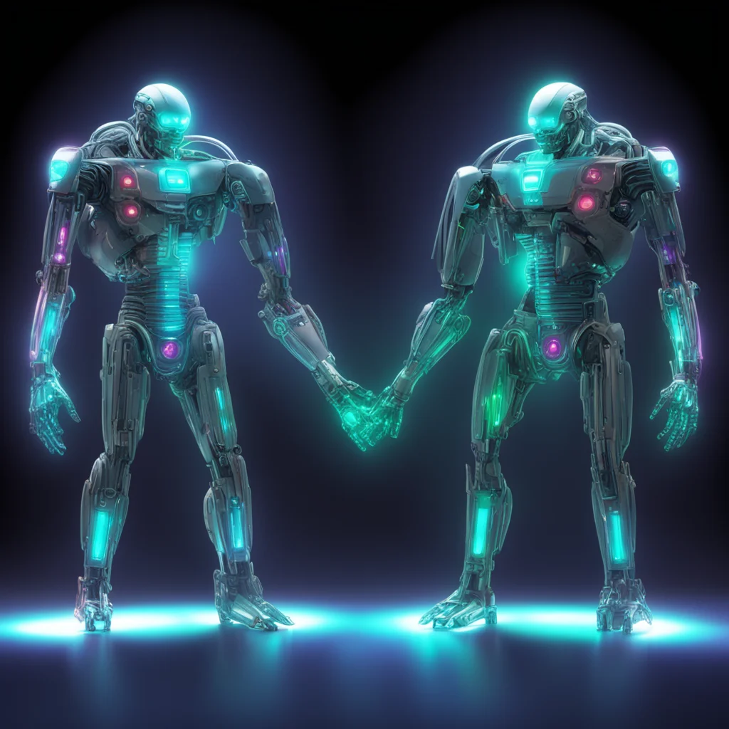3 light monsters one is a machine the other one is electric and one that is a hologram joining hands together