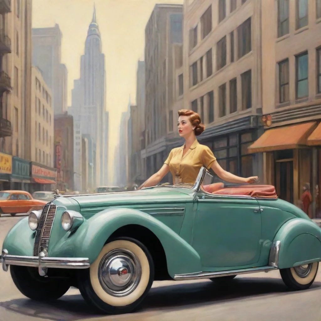 ai50s car woman driver art deco buildings in city streets chase