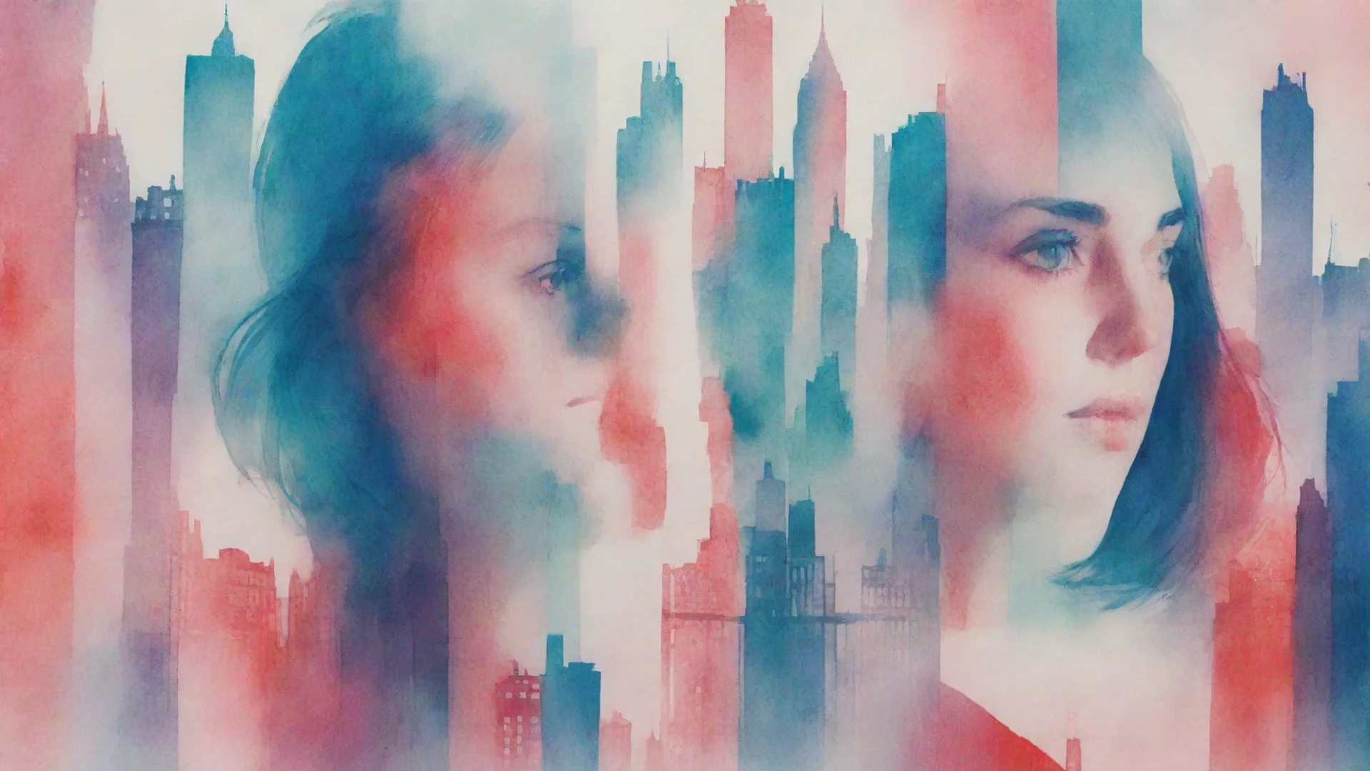 ai8k  uhd  wallpaper  risograph  a cityscape with a woman s face in a watercolor background  in the style of double exposure wide