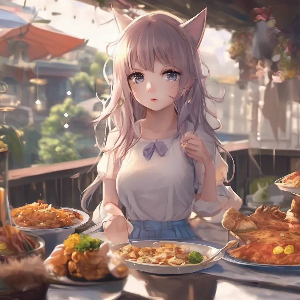 Backdrop location scenery amazing wonderful beautiful charming picturesque Caylin  The catgirls eyes light up with excitement as she sees the food being offered to her Without hesitation she leans down and delicately takes the